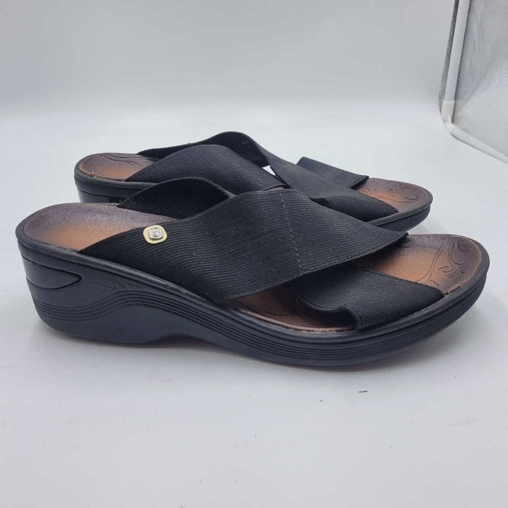 Bzees Desire Womens 10M Black Elastic Wedge Sandals Slip On Comfort Mules Casual